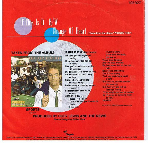 Huey Lewis & The News - If This Is It Vinyl Singles Vinyl Zeer Goed / Hoesje Goed "VINYLSINGLES.NL"