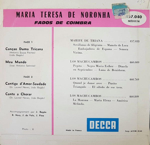 Maria Teresa de Noronha - Fados De Coimbra 19873 Vinyl Singles EP Vinyl Goed / Hoes Goed