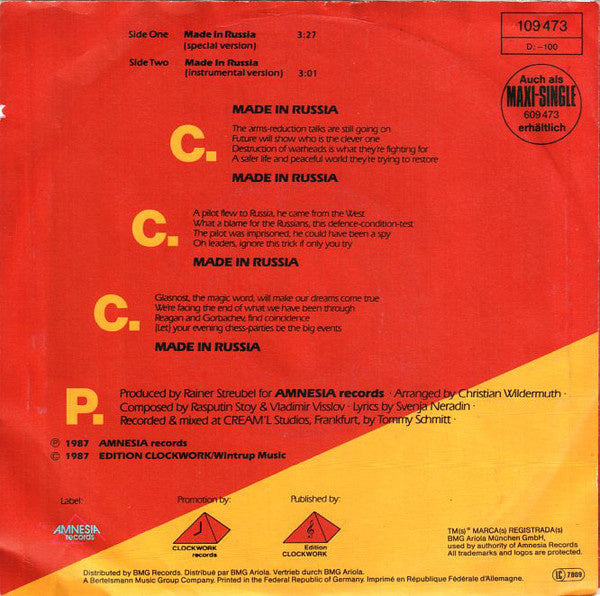 C.C.C.P. - Made In Russia 39070 Vinyl Singles Vinyl Zeer Goed / Hoesje Goed "VINYLSINGLES.NL"