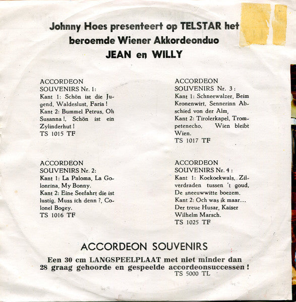 Jean En Willy - Accordeon Souvenirs Nr. 3 37841 Vinyl Singles Vinyl Goed / Hoes Goed
