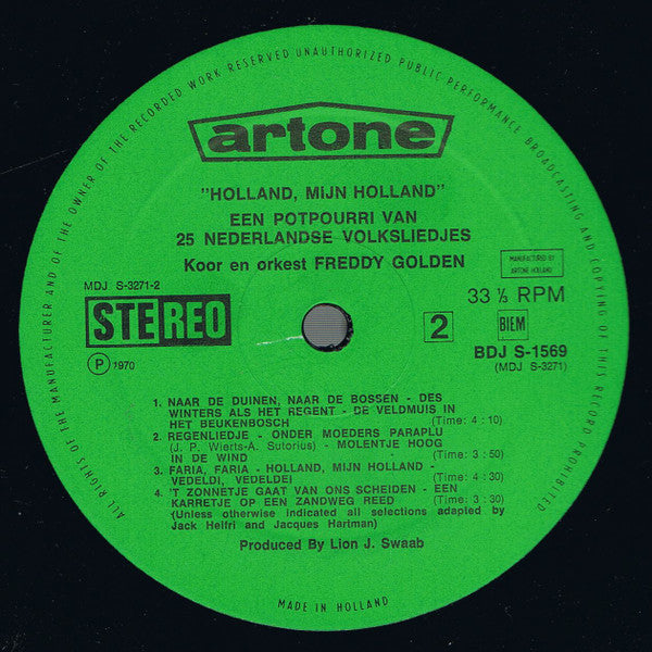 Koor En Orkest Freddy Golden - Holland, Mijn Holland - Een Potpourri Van 25 Nederlandse Volksliedjes (LP) 40702 Vinyl LP Vinyl Goed / Hoes Goed