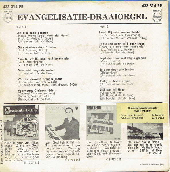 Evangelisatie-Draaiorgel Als G'in Nood Gezeten Vinyl Singles EP Vinyl Zeer Goed / Hoesje Goed "VINYLSINGLES.NL"