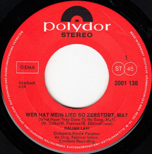 Daliah Lavi - Wer Hat Mein Lied So Zerstört, Ma Vinyl Singles Vinyl Zeer Goed / Hoesje Goed "VINYLSINGLES.NL"