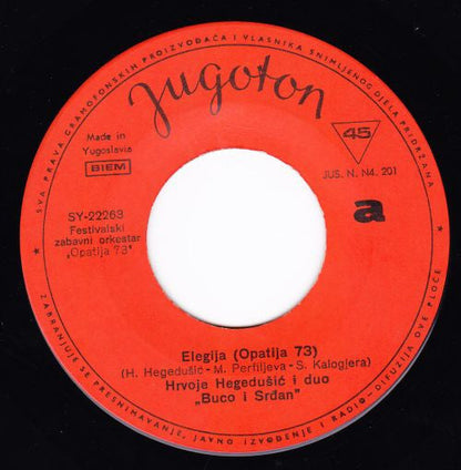 Hrvoje i Buco I Srdan - Elegija Vinyl Singles Vinyl Zeer Goed / Hoesje Goed "VINYLSINGLES.NL"