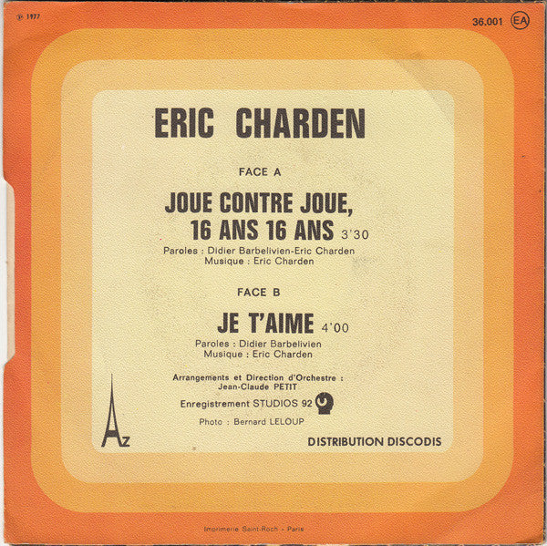Eric Charden - Joue Contre Joue ** Ans, ** Ans Vinyl Singles Vinyl Zeer Goed / Hoesje Goed "VINYLSINGLES.NL"