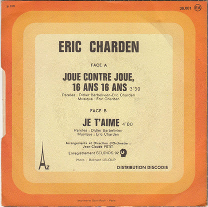 Eric Charden - Joue Contre Joue ** Ans, ** Ans Vinyl Singles Vinyl Zeer Goed / Hoesje Goed "VINYLSINGLES.NL"