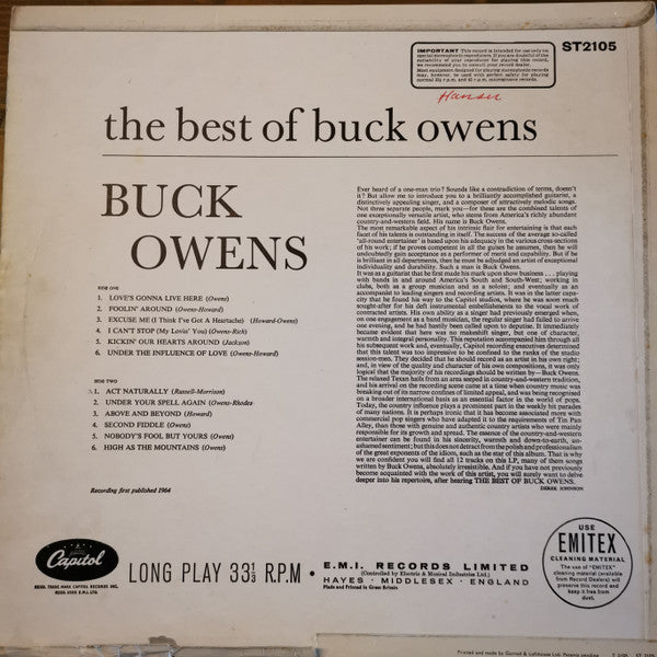 Buck Owens - The Best Of Buck Owens (LP) Vinyl LP Vinyl Zeer Goed / Hoesje Goed "VINYLSINGLES.NL"