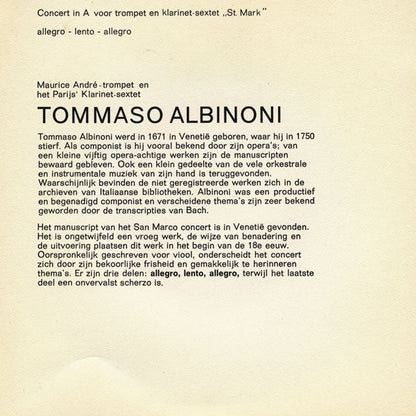 Tommaso Albinoni / W.A. Mozart - Concert In A Voor Trompet En Klarinet-Sextet "St. Mark" 30026 Vinyl Singles Vinyl Goed / Hoes Goed
