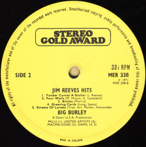 Big Burley - I Can't Forget Those Jim Reeves Hits (LP) Vinyl LP Vinyl Zeer Goed / Hoesje Goed "VINYLSINGLES.NL"