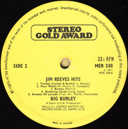 Big Burley - I Can't Forget Those Jim Reeves Hits (LP) Vinyl LP Vinyl Zeer Goed / Hoesje Goed "VINYLSINGLES.NL"