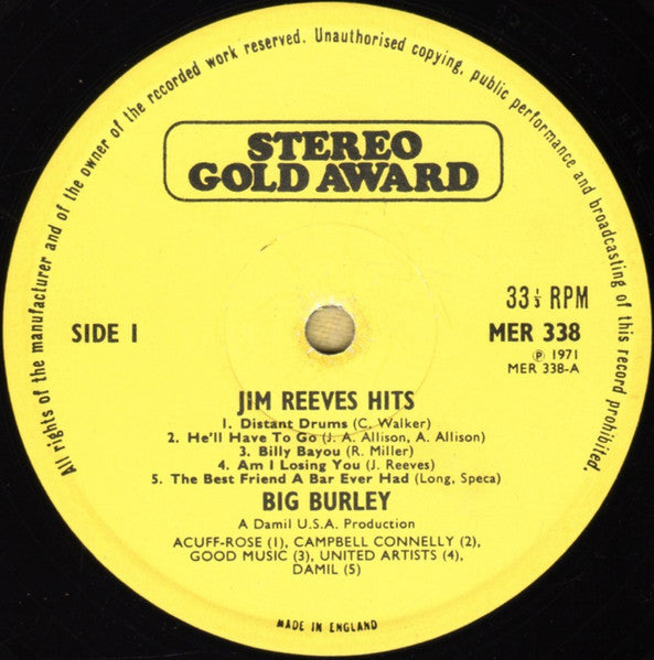 Big Burley - I Can't Forget Those Jim Reeves Hits (LP) Vinyl LP Vinyl Zeer Goed / Hoesje Goed "VINYLSINGLES.NL"