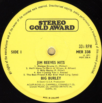 Big Burley - I Can't Forget Those Jim Reeves Hits (LP) Vinyl LP Vinyl Zeer Goed / Hoesje Goed "VINYLSINGLES.NL"