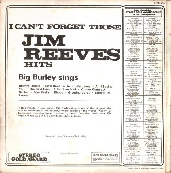 Big Burley - I Can't Forget Those Jim Reeves Hits (LP) Vinyl LP Vinyl Zeer Goed / Hoesje Goed "VINYLSINGLES.NL"