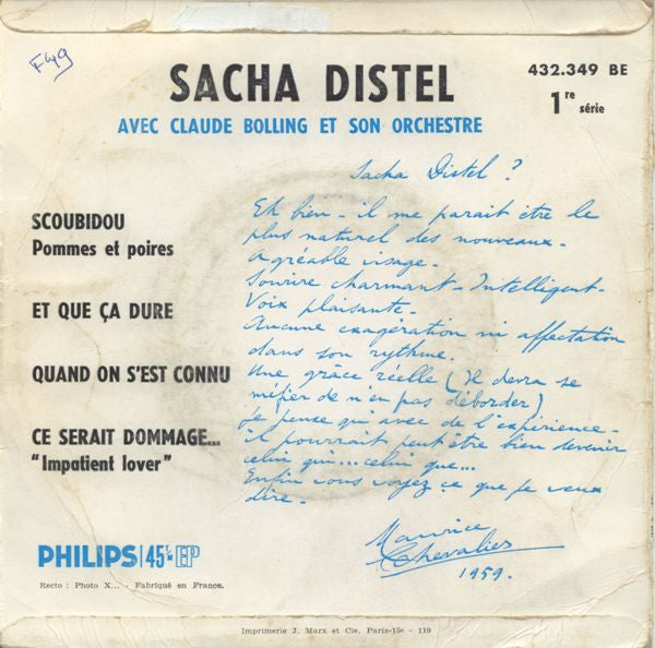 Sacha Distel Avec Claude Bolling Et Son Orchestre - Scoubidou 31251 Vinyl Singles EP Vinyl Goed / Hoes Goed