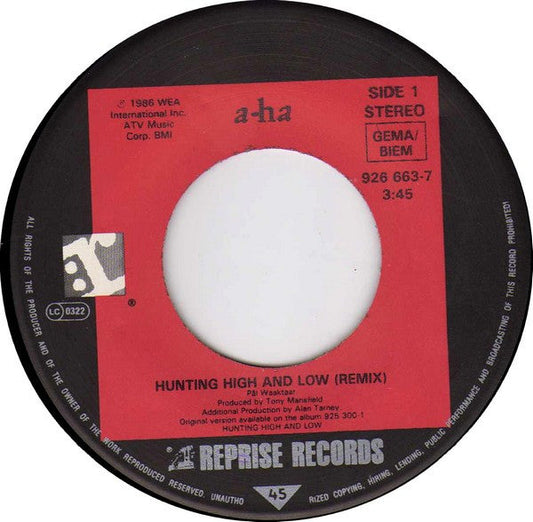 a-ha - Hunting High And Low (Remix) Vinyl Singles Vinyl Zeer Goed / Hoesje Generic "VINYLSINGLES.NL"