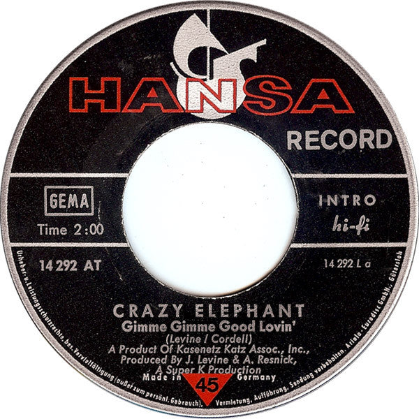 Crazy Elephant - Gimme Gimme Good Lovin Vinyl Singles Vinyl Zeer Goed / Hoesje Goed "VINYLSINGLES.NL"