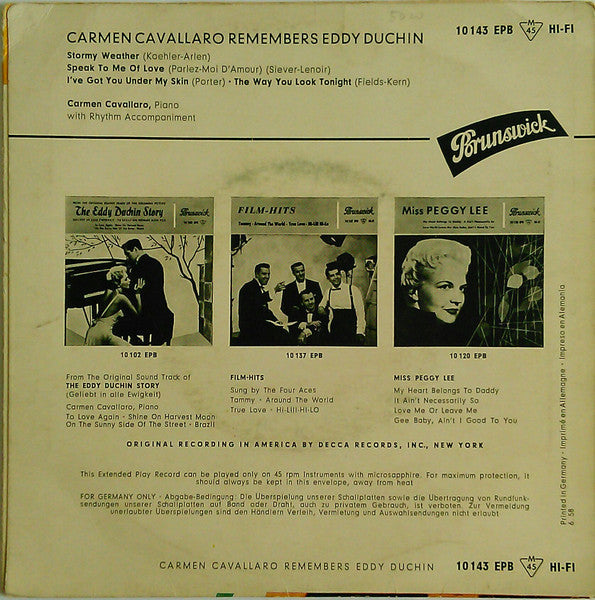 Carmen Cavallaro - Remembers Eddy Duchin Vinyl Singles EP Vinyl Zeer Goed / Hoesje Goed "VINYLSINGLES.NL"