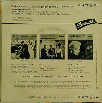 Carmen Cavallaro - Remembers Eddy Duchin Vinyl Singles EP Vinyl Zeer Goed / Hoesje Goed "VINYLSINGLES.NL"