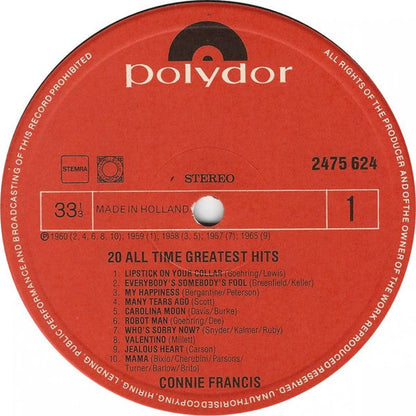Connie Francis - 20 All Time Greatest Hits (LP) Vinyl LP Vinyl Zeer Goed / Hoesje Goed "VINYLSINGLES.NL"
