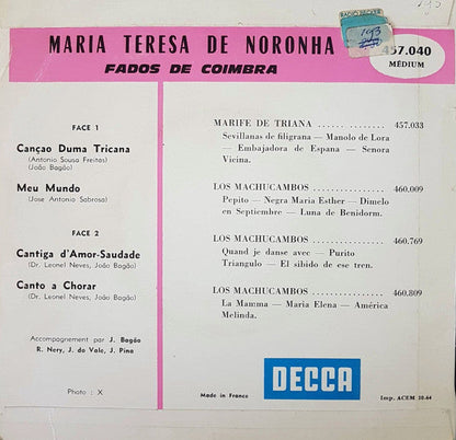 Maria Teresa de Noronha - Fados De Coimbra 19873 Vinyl Singles EP Vinyl Goed / Hoes Goed