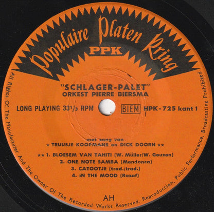 Pierre Biersma En Zijn Orkest Met Zang van Truusje Koopmans En Dick Doorn - Schlager Palet 37327 Vinyl Singles EP Vinyl Goed / Hoes Goed