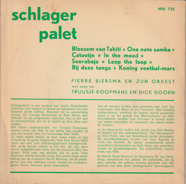 Pierre Biersma En Zijn Orkest Met Zang van Truusje Koopmans En Dick Doorn - Schlager Palet 37327 Vinyl Singles EP Vinyl Goed / Hoes Goed