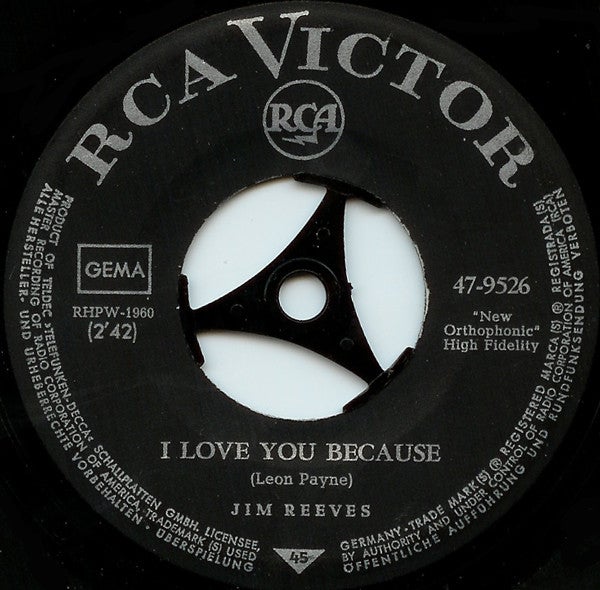 Jim Reeves - I Love You Because 35039 Vinyl Singles Vinyl Goed / Hoes Goed
