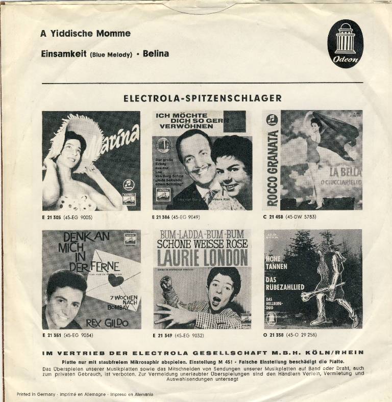 Belina - A Yiddische Momme Vinyl Singles Vinyl Zeer Goed / Hoesje Goed "VINYLSINGLES.NL"